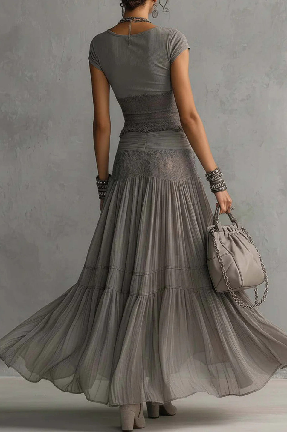 Gray Lace-Paneled Top and Pleated Maxi Skirt Set