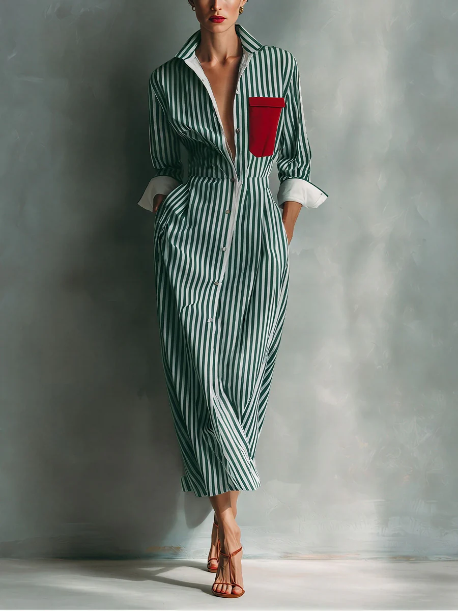 Modern Blue And White Cotton Blend Striped Shirt Dress With Red Chest Pocket
