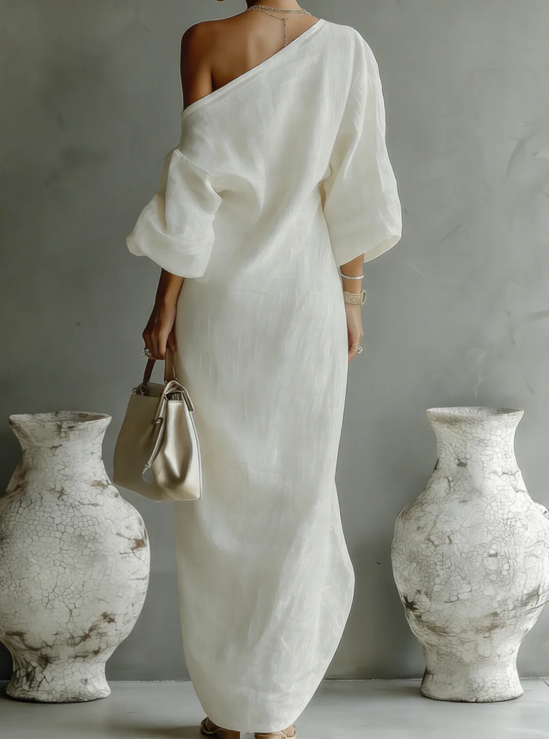 Ivory White One-Shoulder Cotton-Linen Maxi-Length Dress