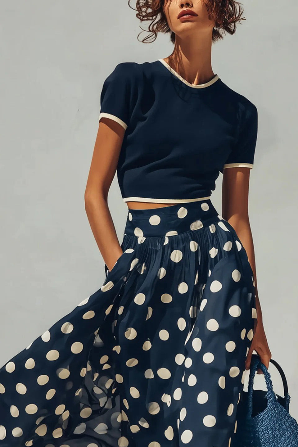 Coordinated Navy Knit Top And Polka Dot Chiffon Skirt Set