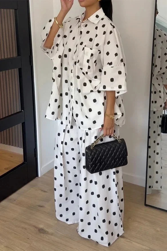 White Black Polka Dot Trousers Set
