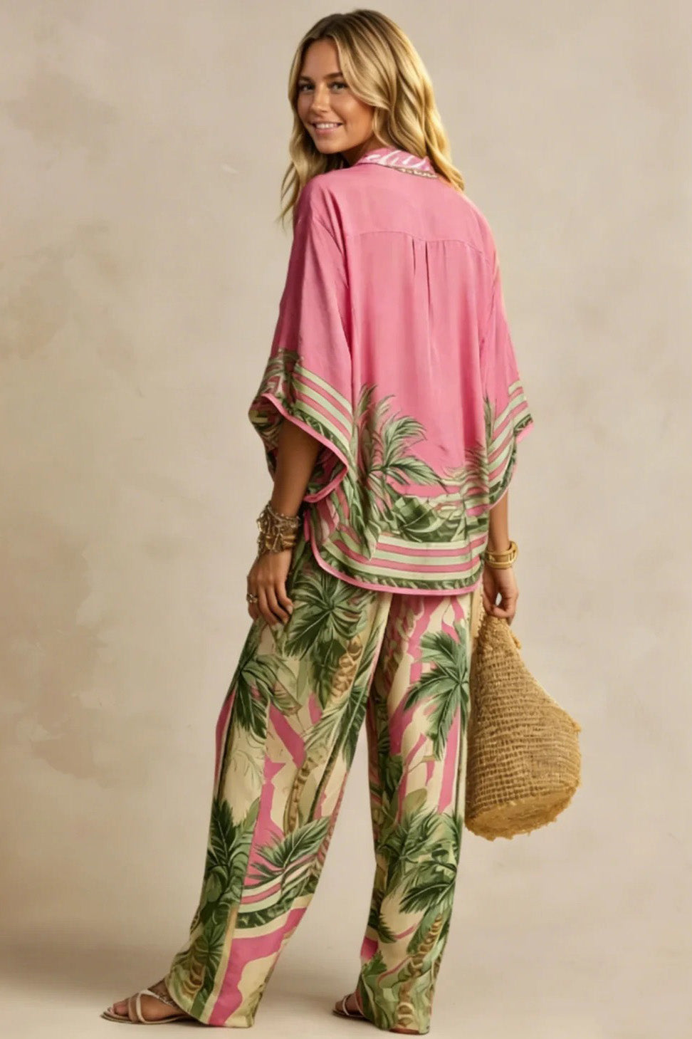Coordinated Effortless Palm-Print Kimono Two-Piece Set