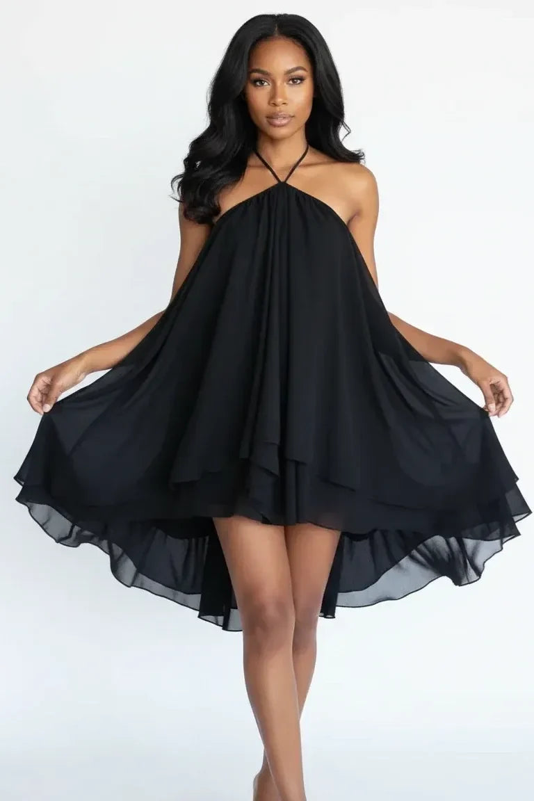 Black Halter Ruffled Mini-Length Dress