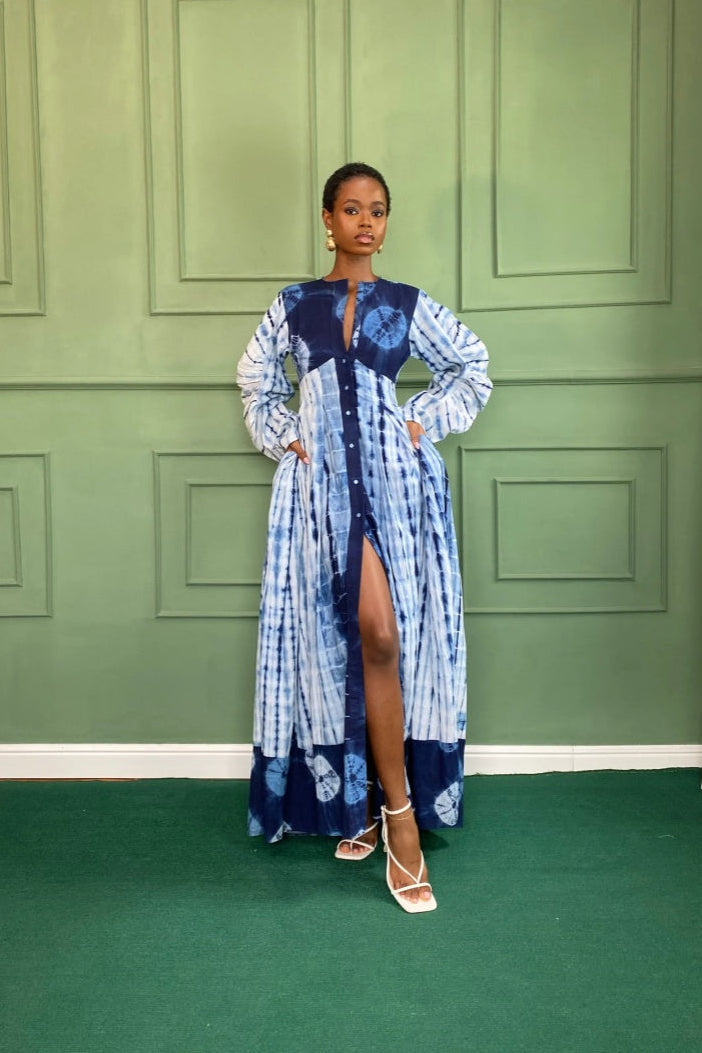 Blue Tie-Dye Maxi-Length Dress