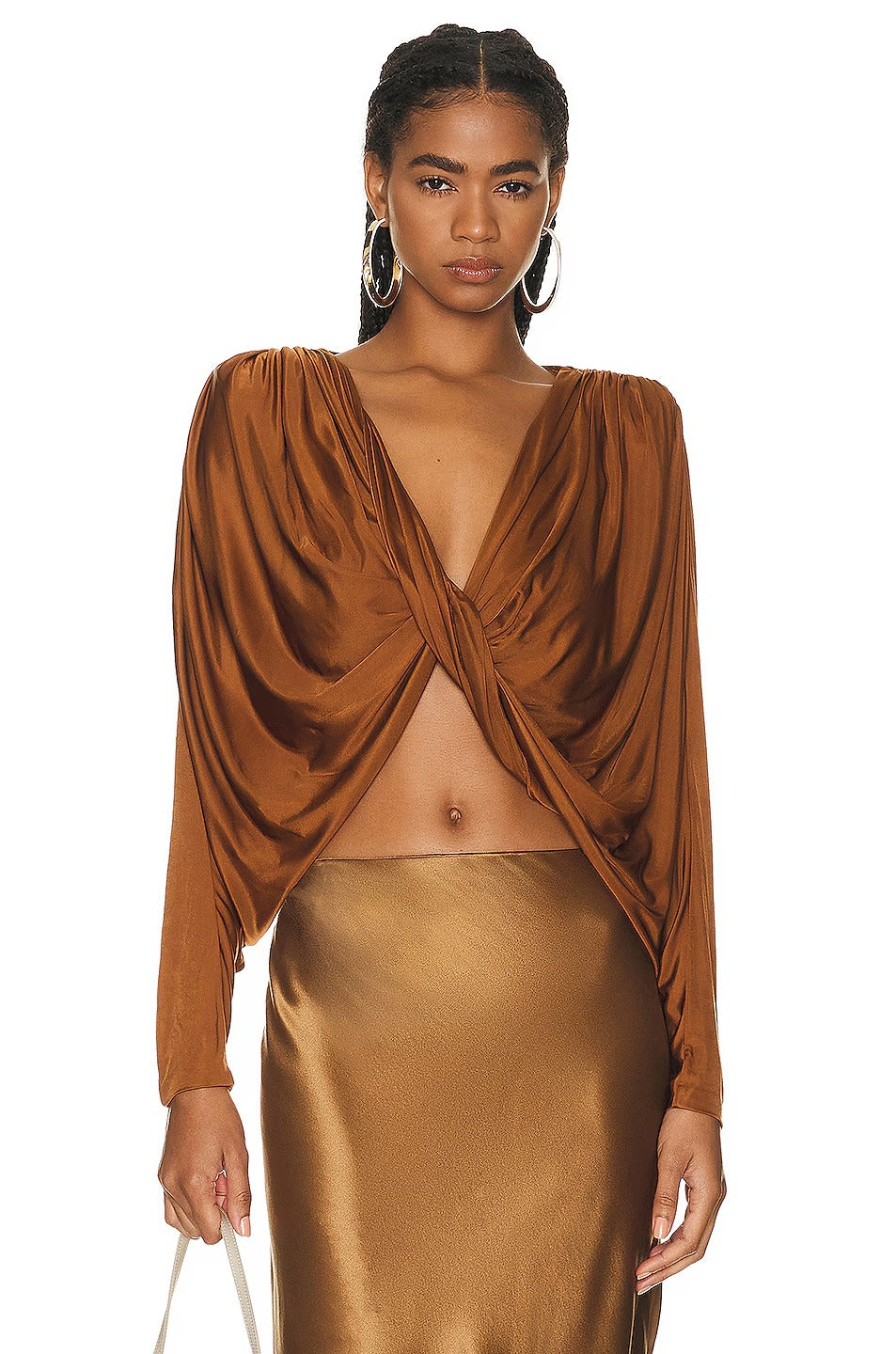 Modern Brown Satin Twisted Draped Crop Top