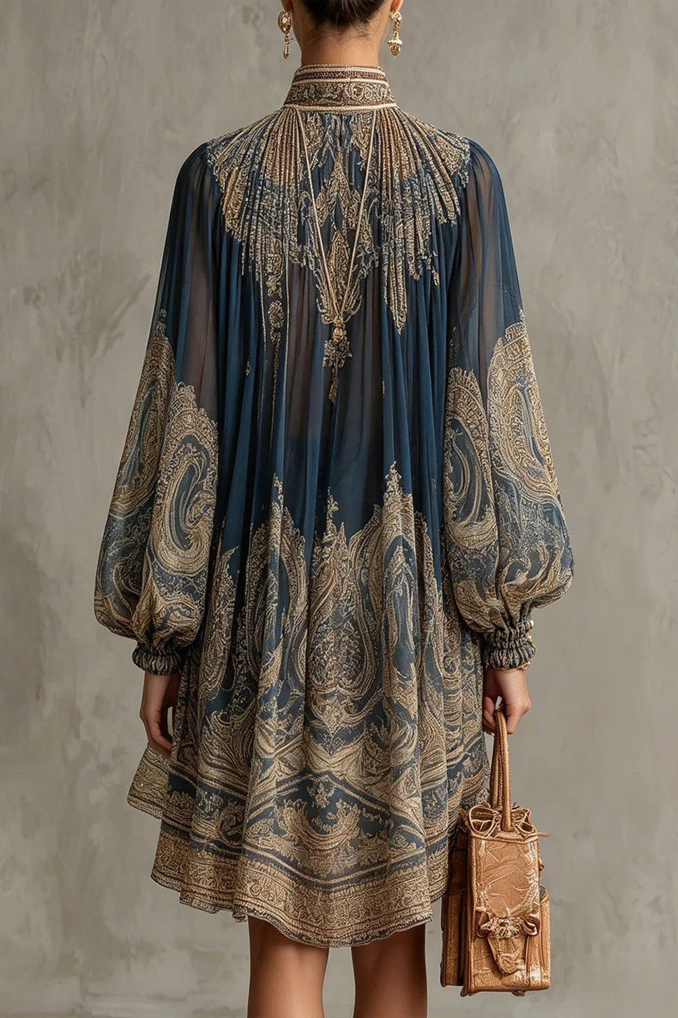 Navy Blue Baroque Print High-neck Irregular Chiffon Mini-Length Dress