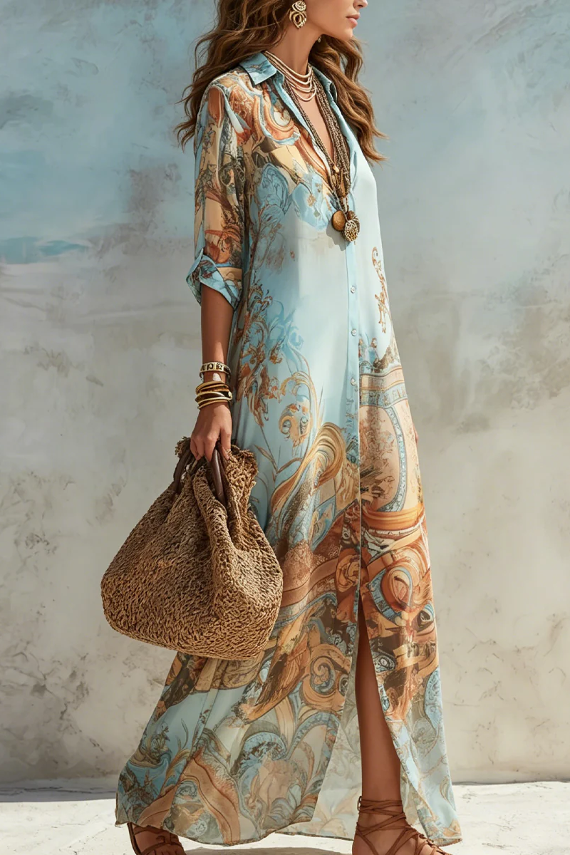 Vacation Blue Flower Print Shirt Maxi-Length Dress