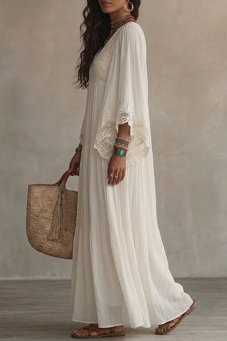 White Lace V-Neck Batwing Sleeve Chiffon Maxi-Length Dress