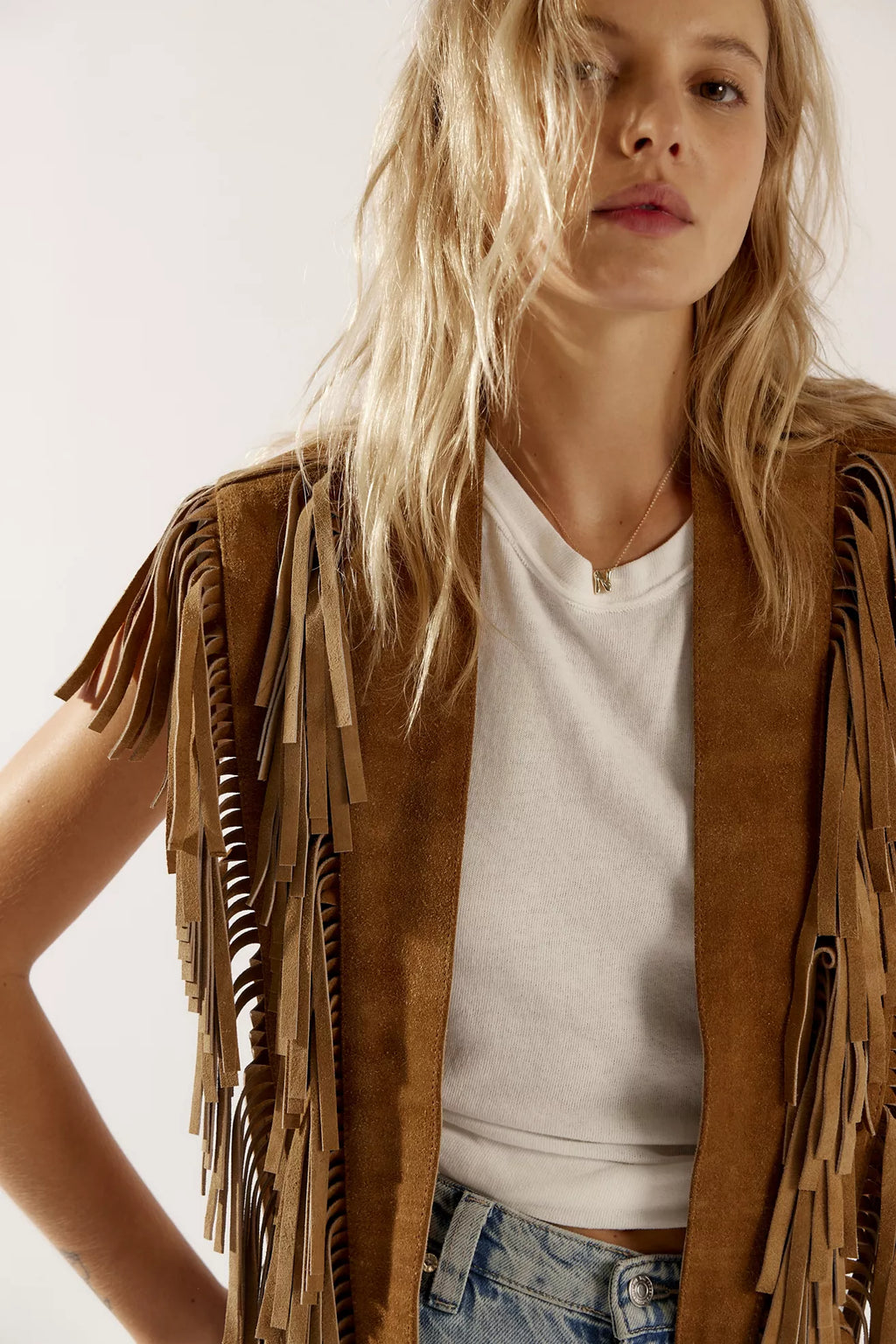 Modern Low-Profile Wide-Eye Suede Fringe Top