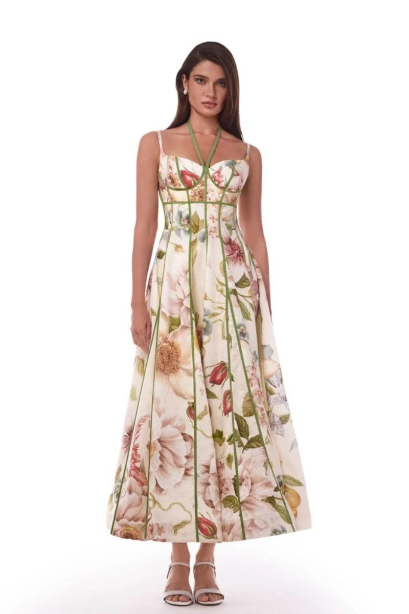 Cream Flower Corset Bustier Midi-Length Dress