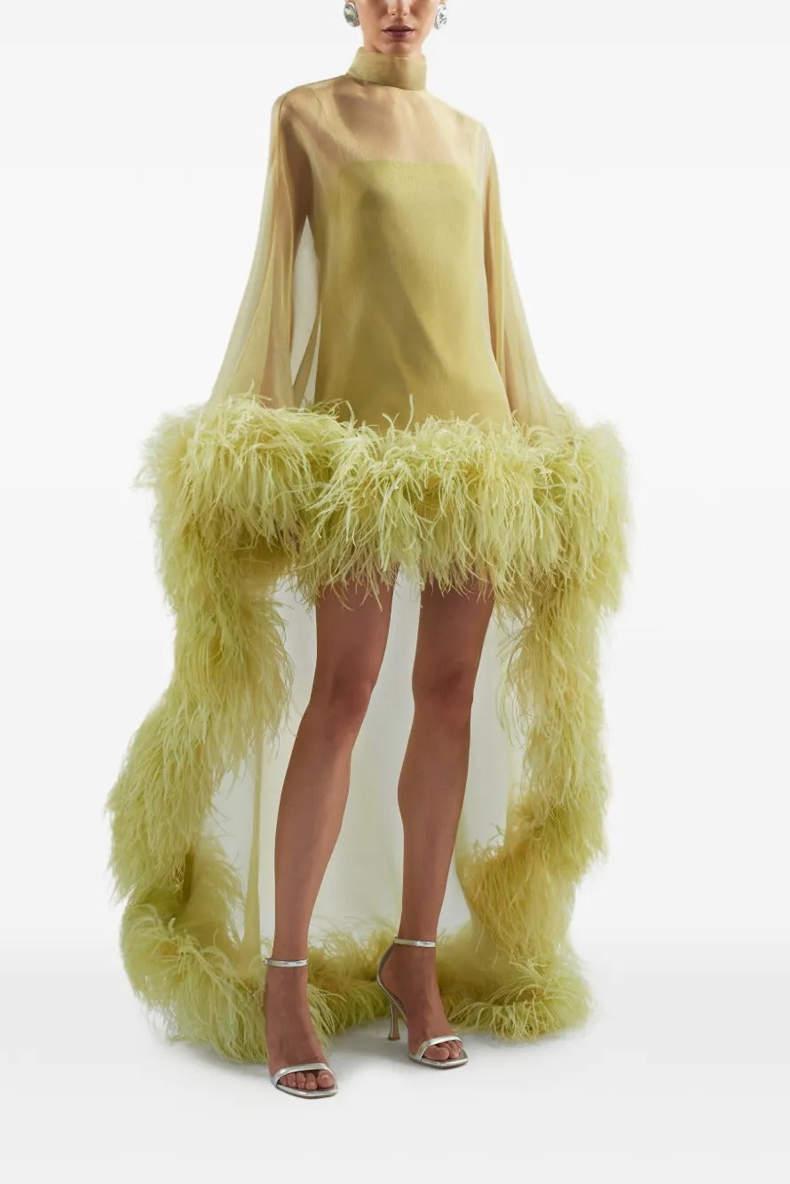 Pale Kiwi Gold Sheer Feather Cape Maxi-Length Dress