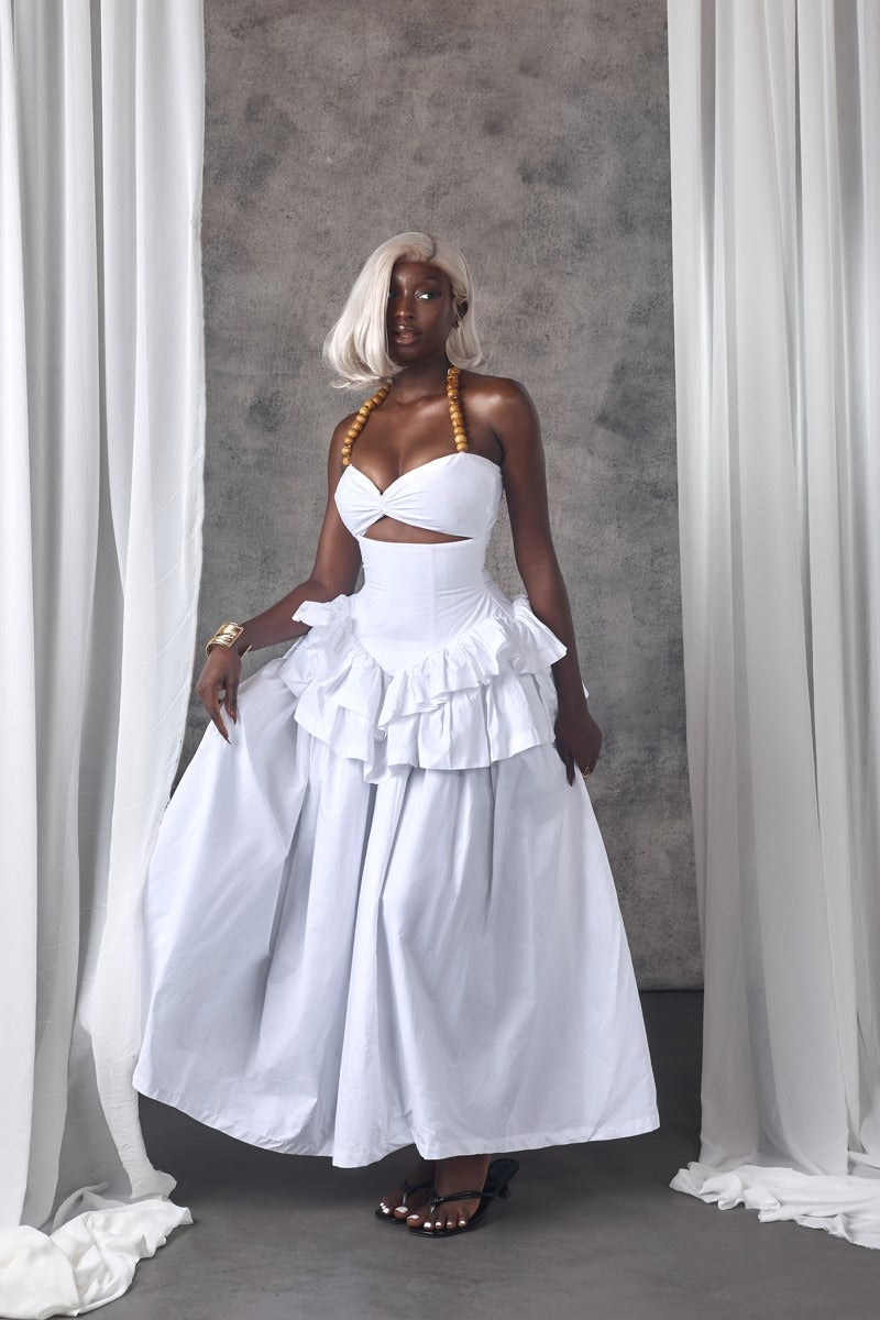 White Corset Tiered Ruffled Maxi-Length Dress