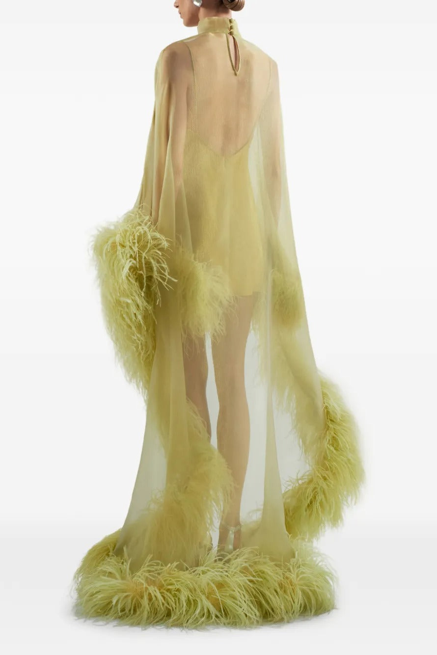 Pale Kiwi Gold Sheer Feather Cape Maxi-Length Dress