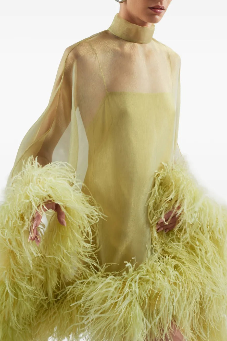 Pale Kiwi Gold Sheer Feather Cape Maxi-Length Dress