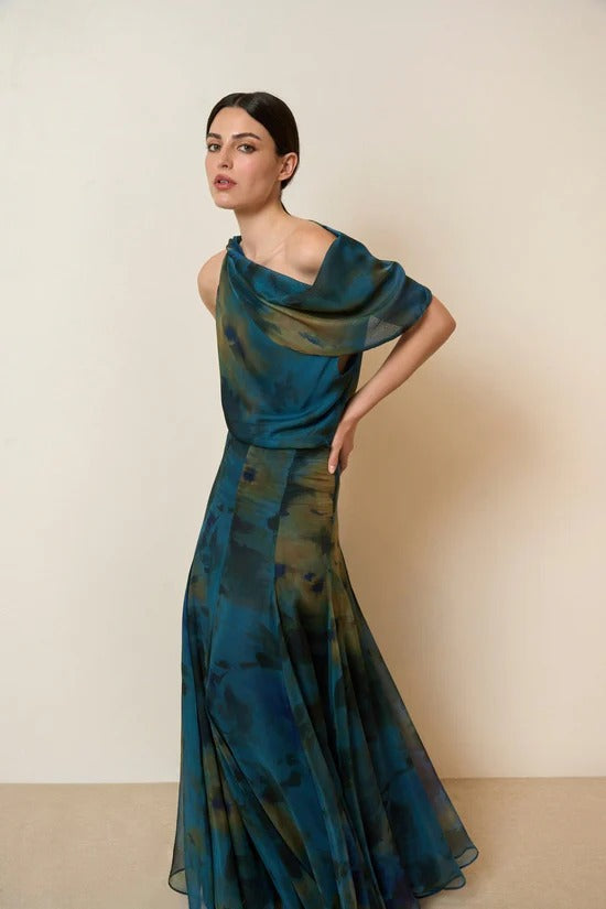 Coordinated Draped Neck Abstract Skirt Set