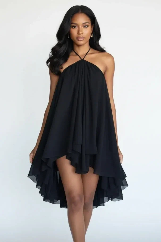 Black Halter Ruffled Mini-Length Dress