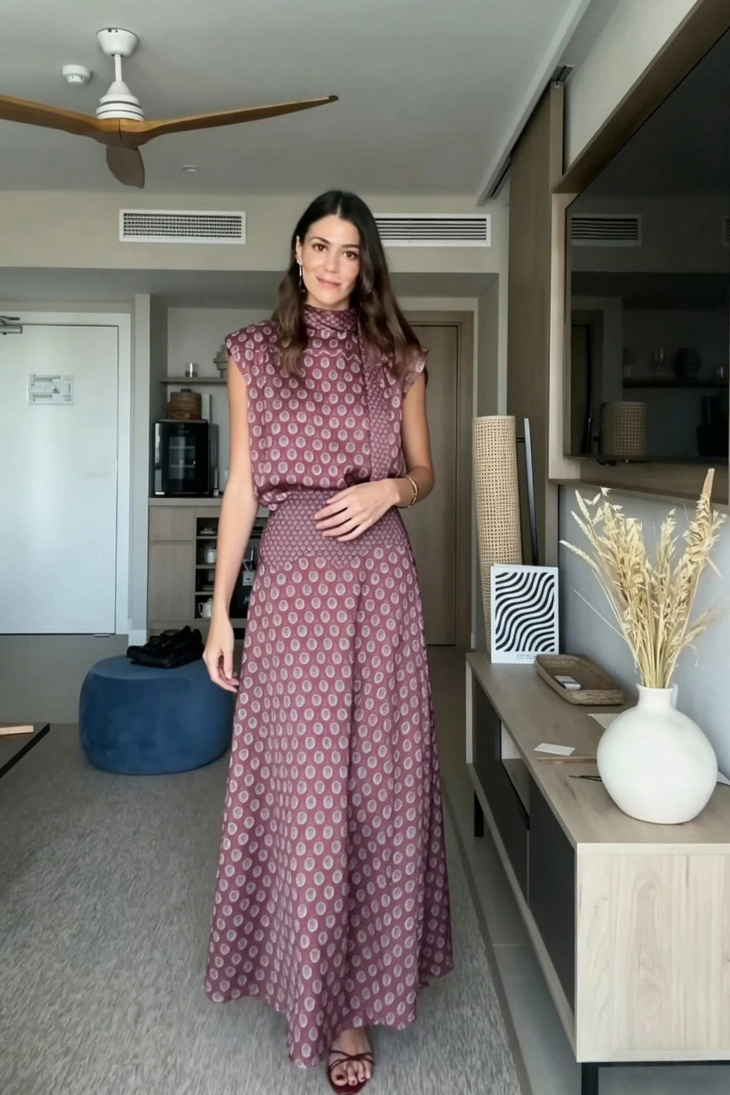 Coordinated Retro Print Scarf Neck Top & Flowing Maxi Skirt Two-Piece Set