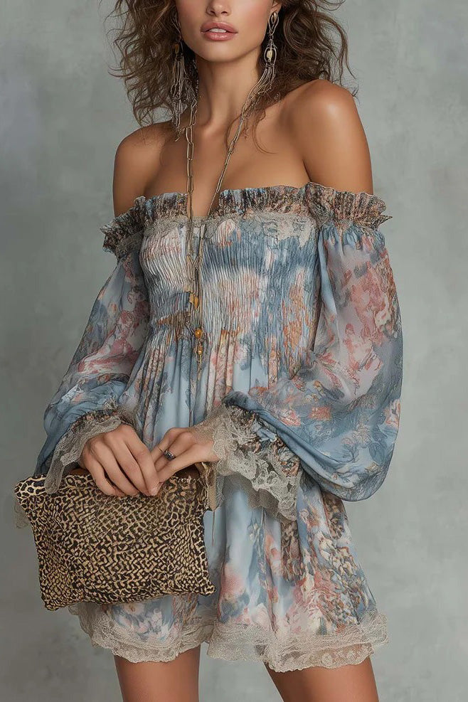 Retro Flower Off-Shoulder Long Sleeve Mini-Length Dress