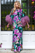 Bold Flower Feather Cuff Batwing Maxi-Length Dress