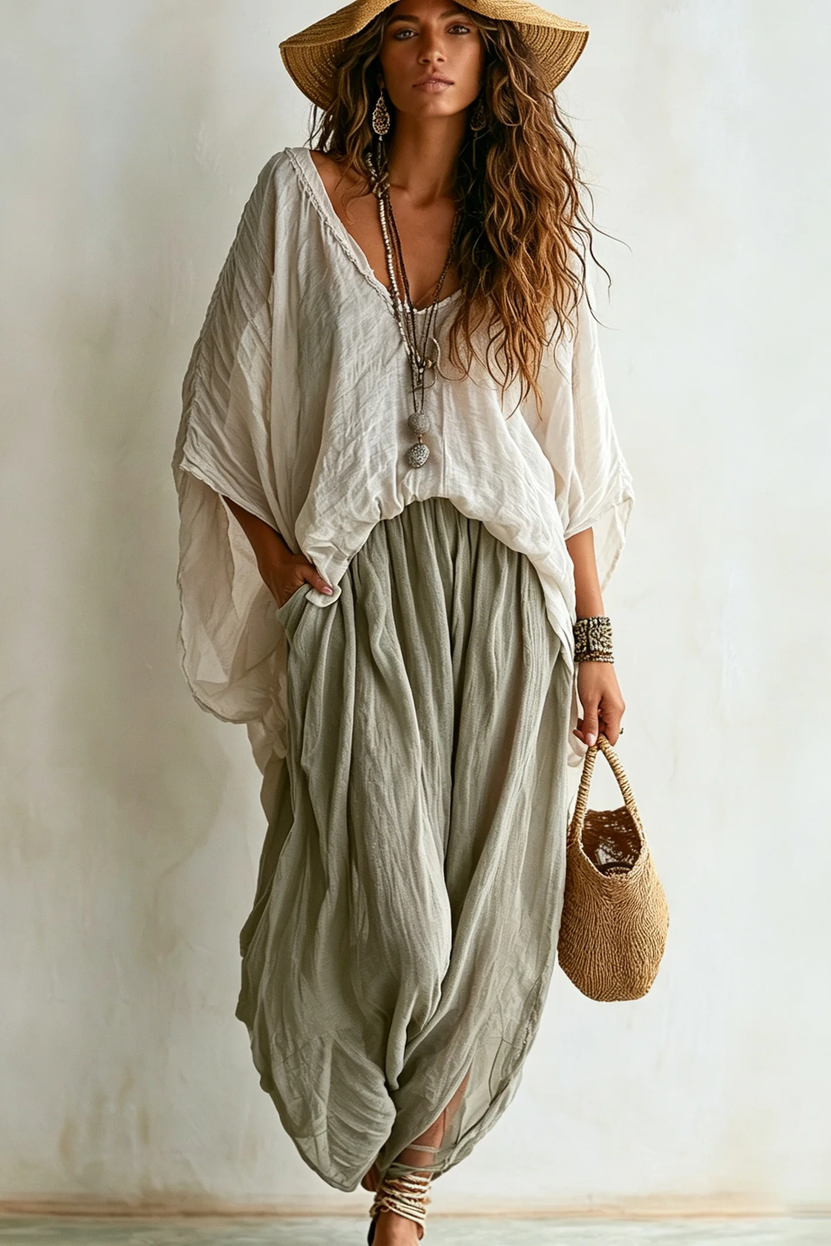 V-Neck Batwing Top & Harem Wide-Leg Trousers Matching Set