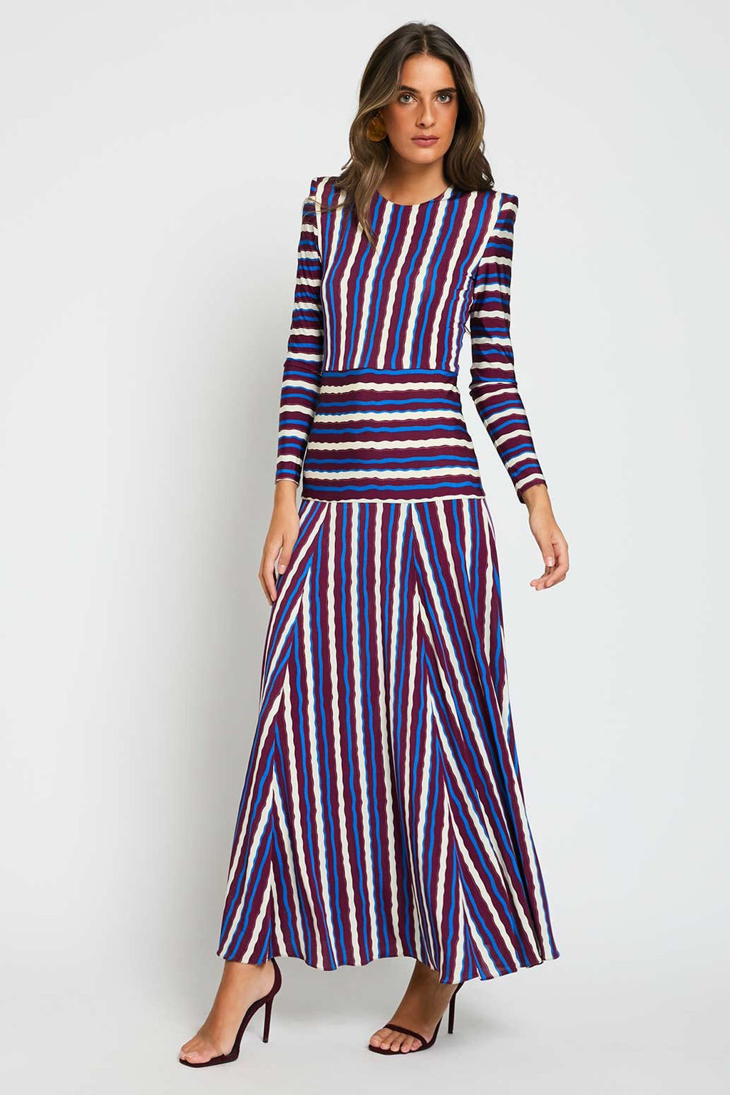 Color Block Stripe Long Sleeve Maxi-Length Dress