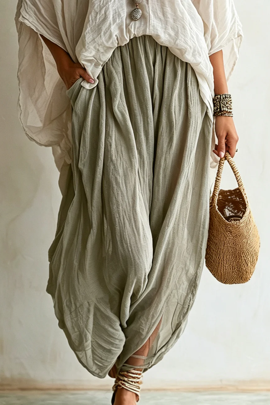 V-Neck Batwing Top & Harem Wide-Leg Trousers Matching Set