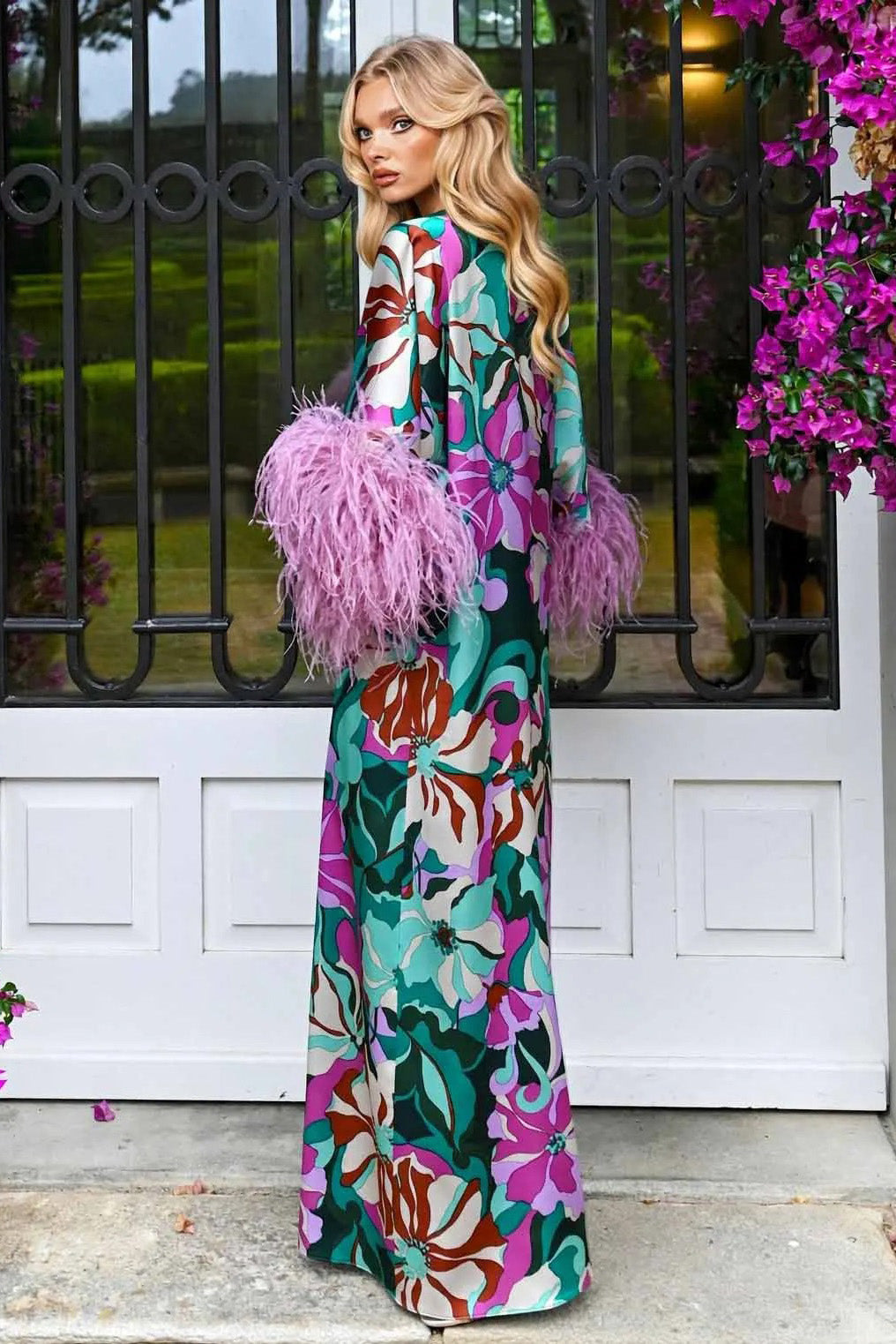Bold Flower Feather Cuff Batwing Maxi-Length Dress