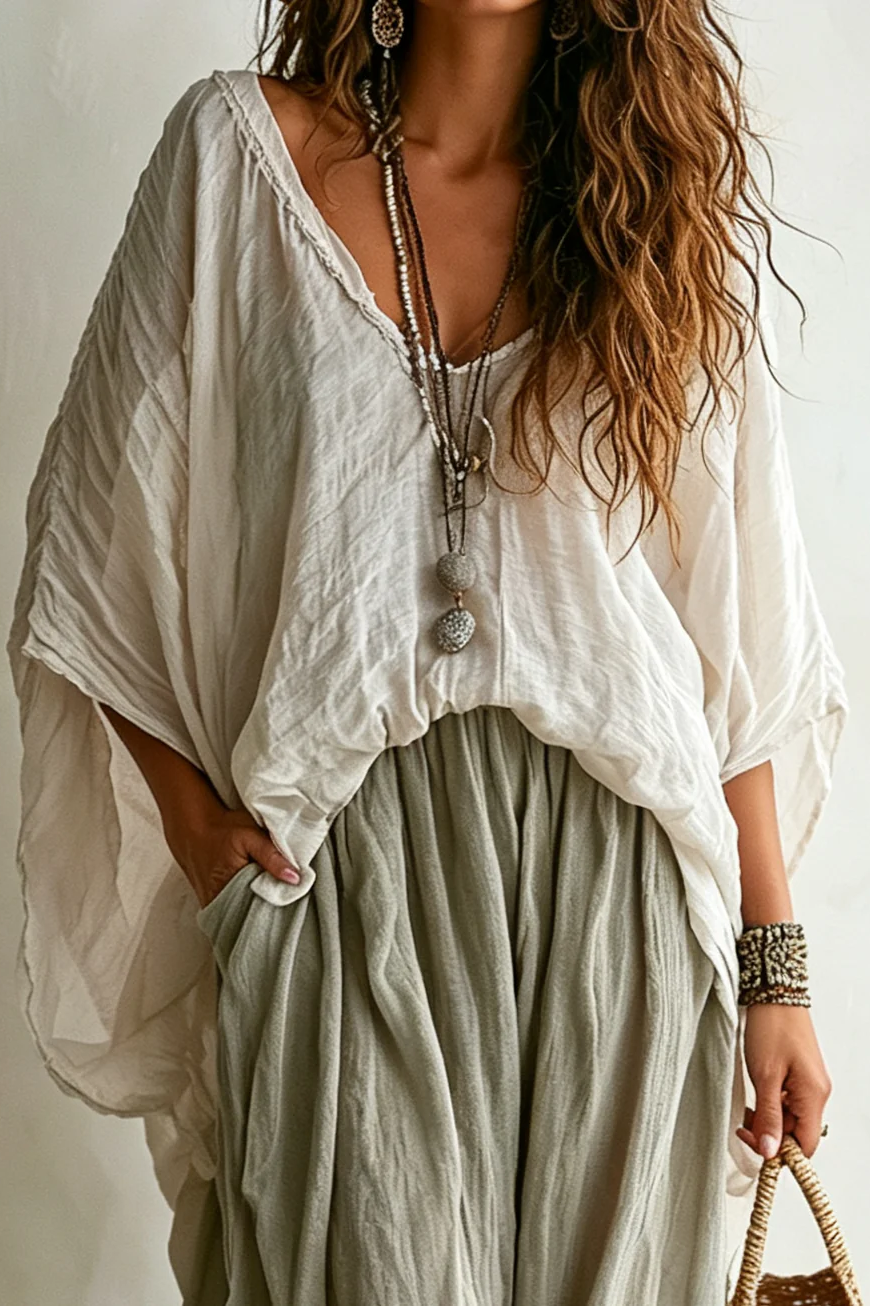 V-Neck Batwing Top & Harem Wide-Leg Trousers Matching Set