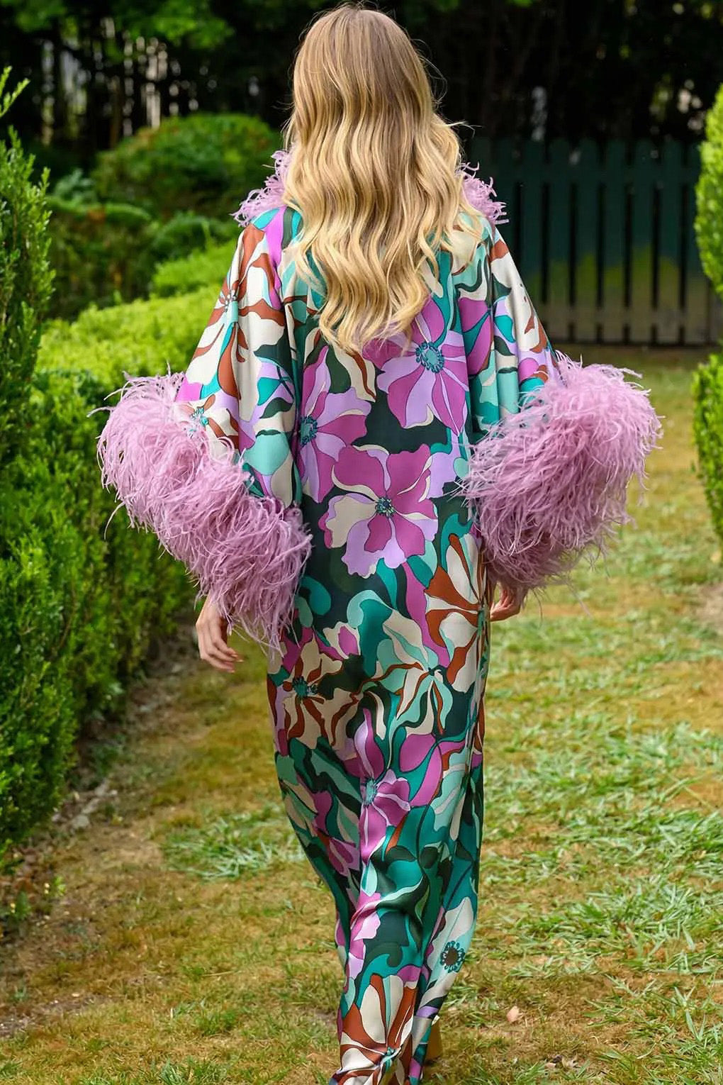 Bold Flower Feather Cuff Batwing Maxi-Length Dress