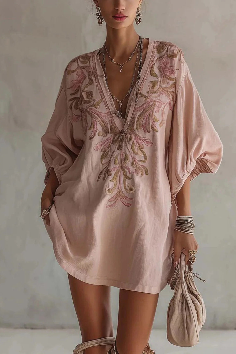Embroidered Linen Mini-Length Dress