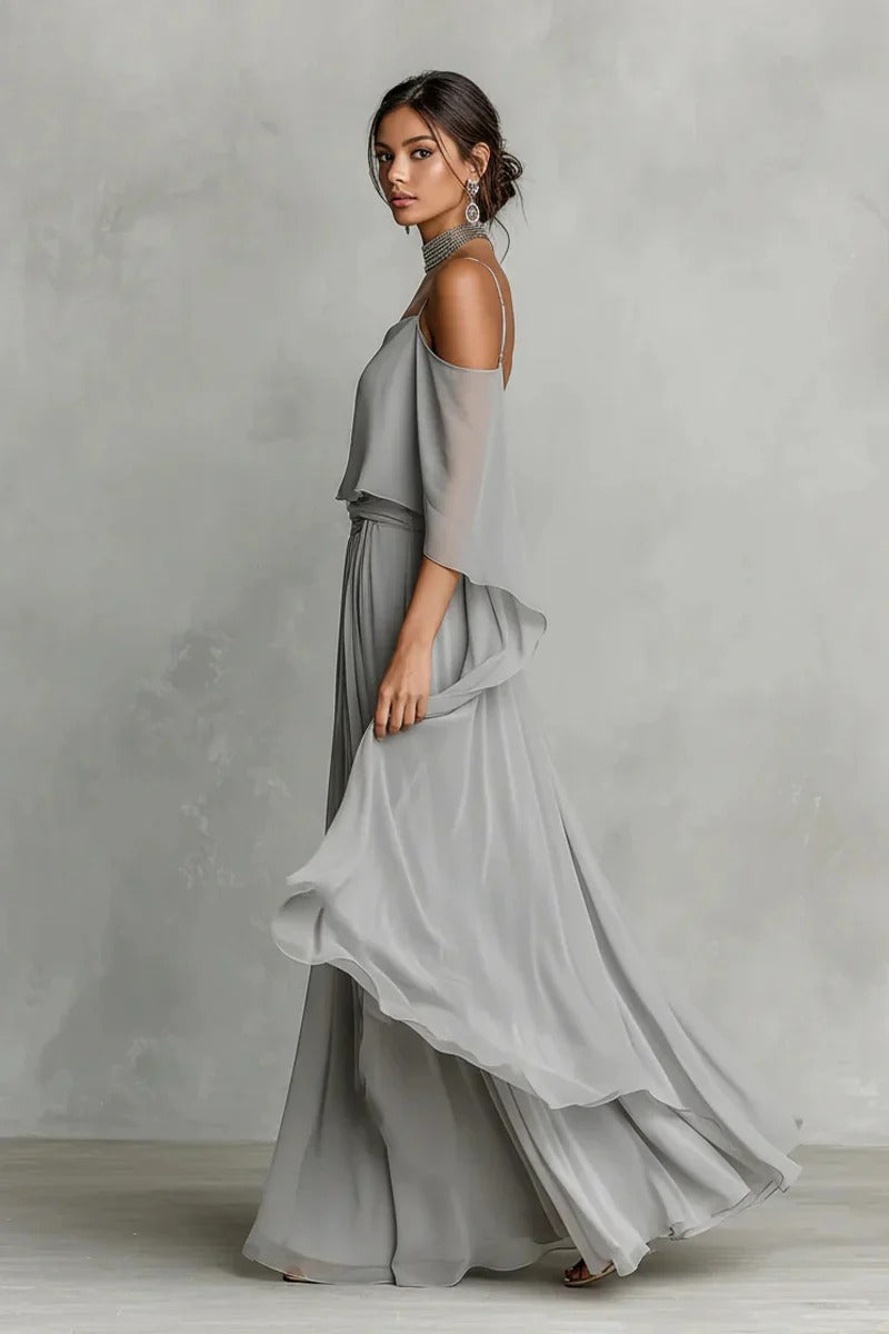 Gray Chiffon Cold-Shoulder Two-Piece Set