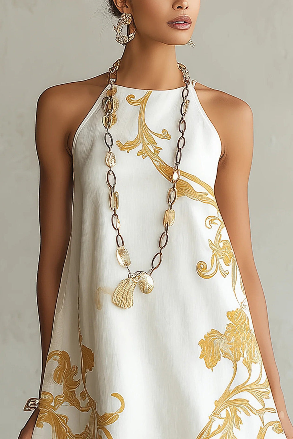 Golden Flower Halter A-Line Mini-Length Dress