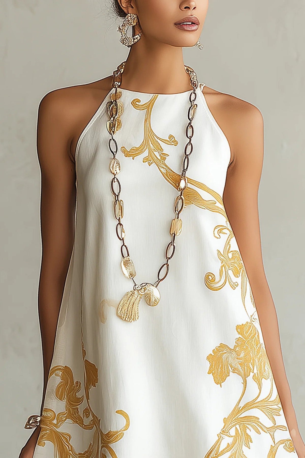 Golden Flower Halter A-Line Mini-Length Dress