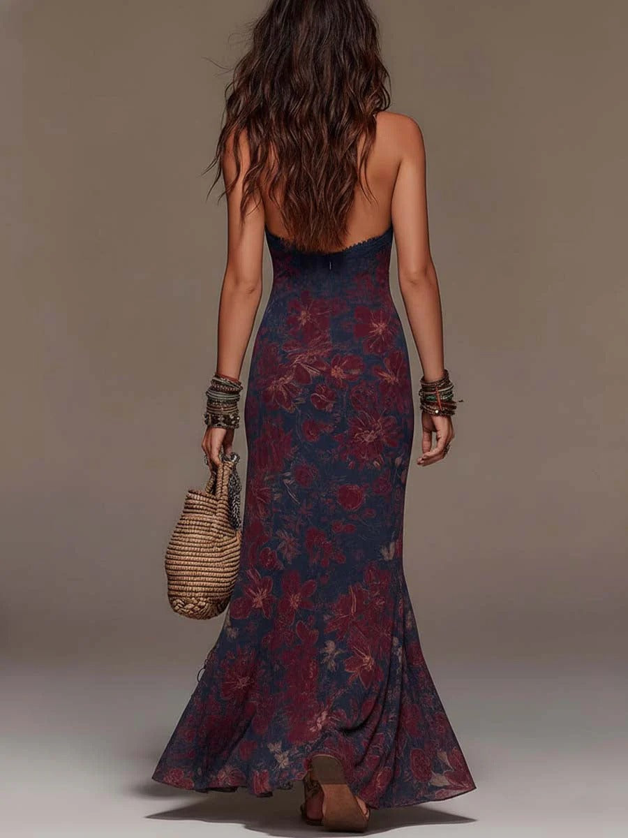 Retro Lace Halterneck Flower Fishtail Maxi-Length Dress