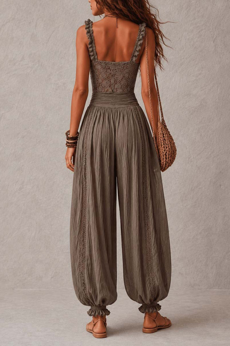 Gray Lace Bandeau and Pleated Cotton Harem Trousers Set