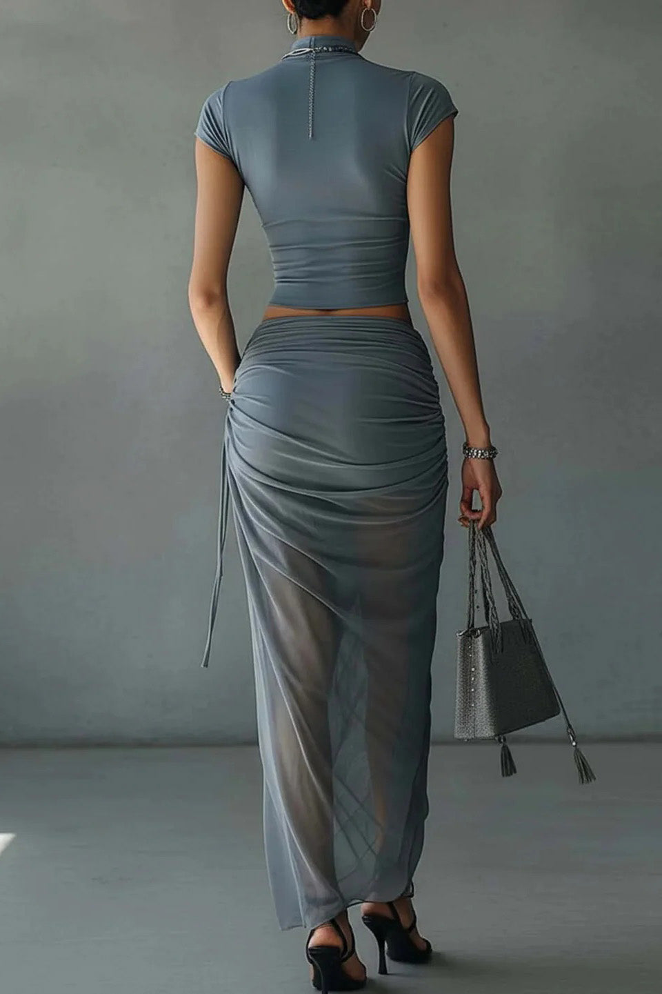 Coordinated Blue Cropped T-Shirt and Sheer Mesh Draped Skirt Set