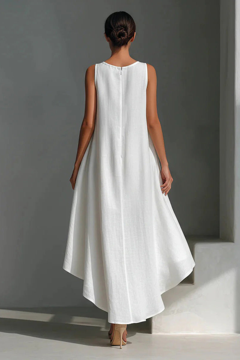 Modern White Linen Asymmetric Dress