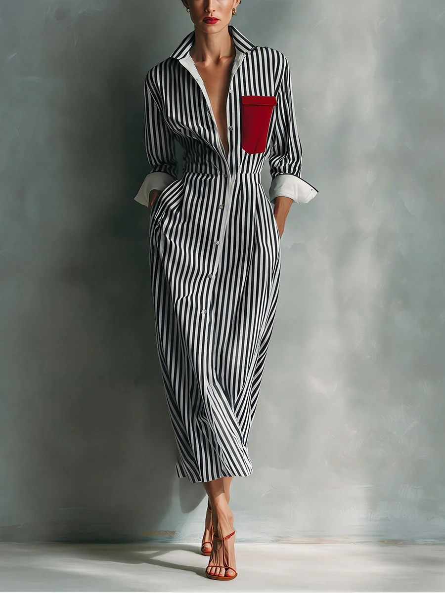 Modern Blue And White Cotton Blend Striped Shirt Dress With Red Chest Pocket