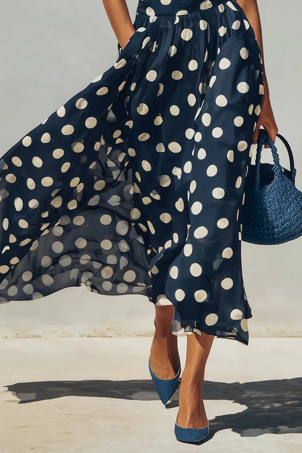Coordinated Navy Knit Top And Polka Dot Chiffon Skirt Set
