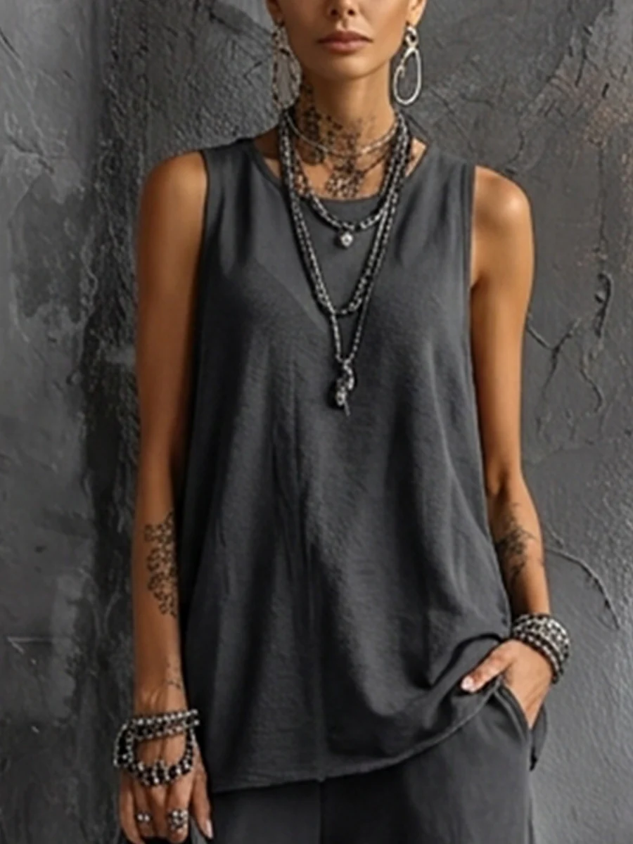 Relaxed Style Dark Gray Cotton Blend Sleeveless Top + Jogger Cargo Trousers Set