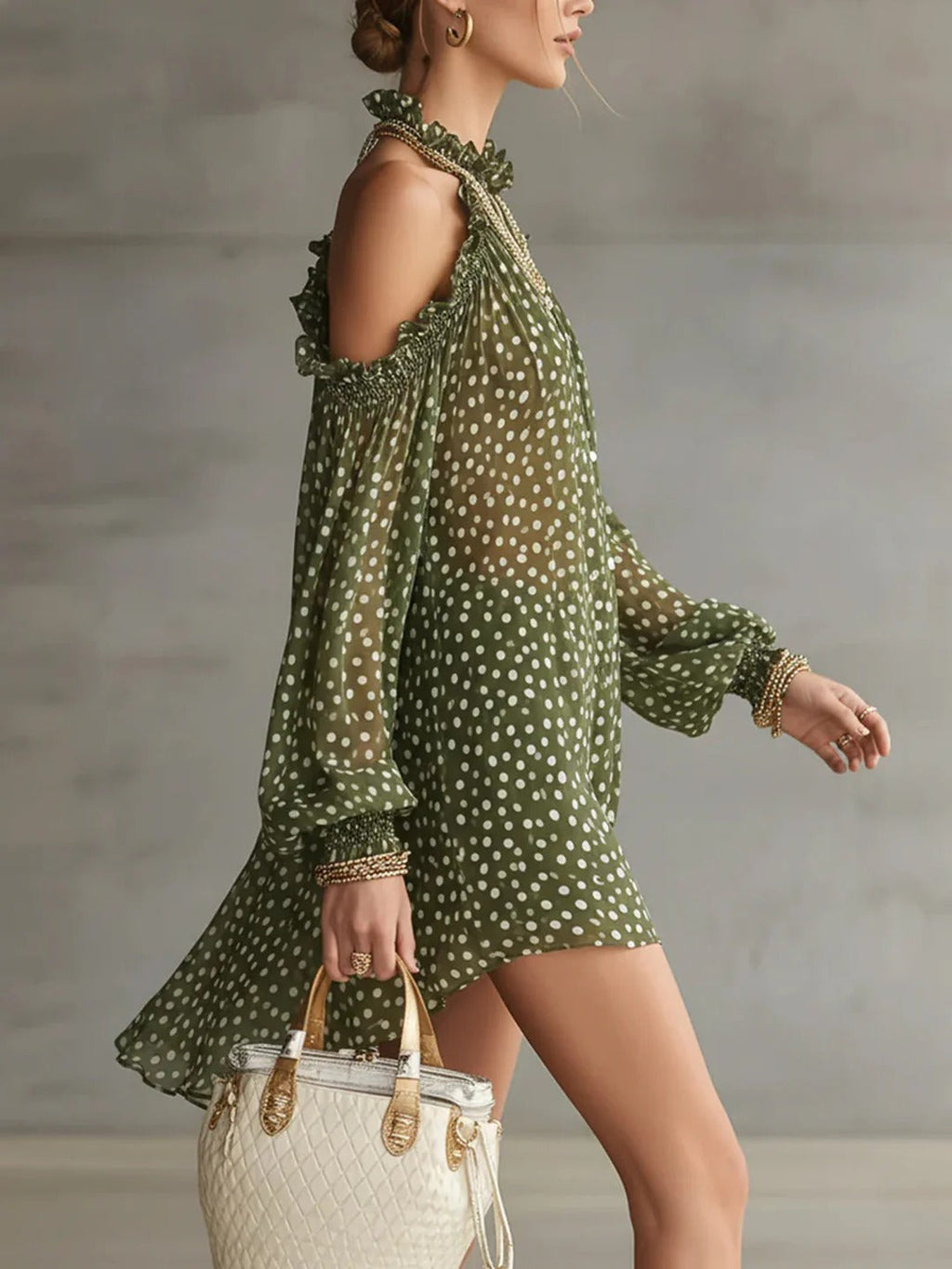 Green Polka Dot Cold Shoulder Mini-Length Dress With Ruffled Neckline