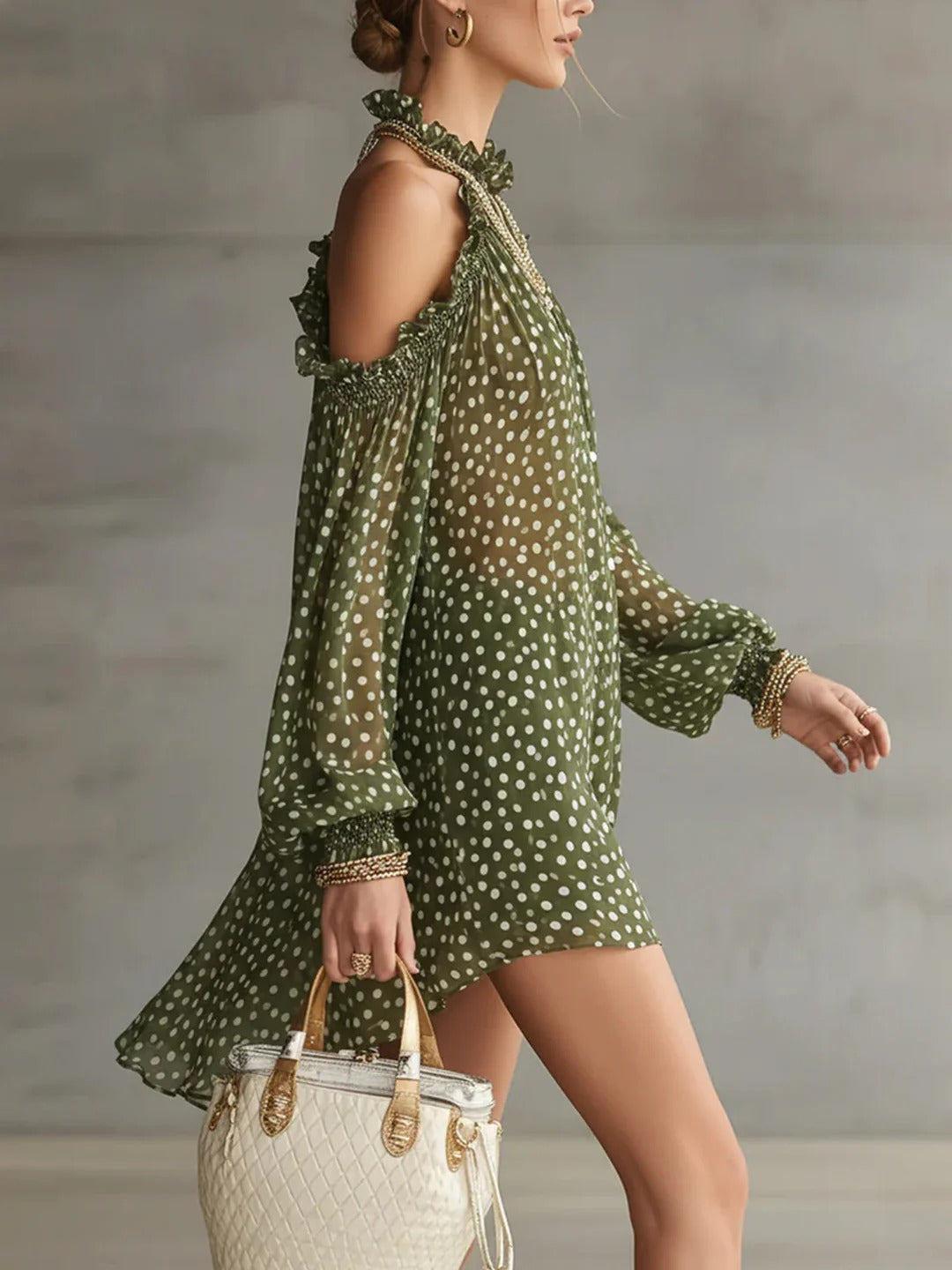 Green Polka Dot Cold Shoulder Mini-Length Dress With Ruffled Neckline