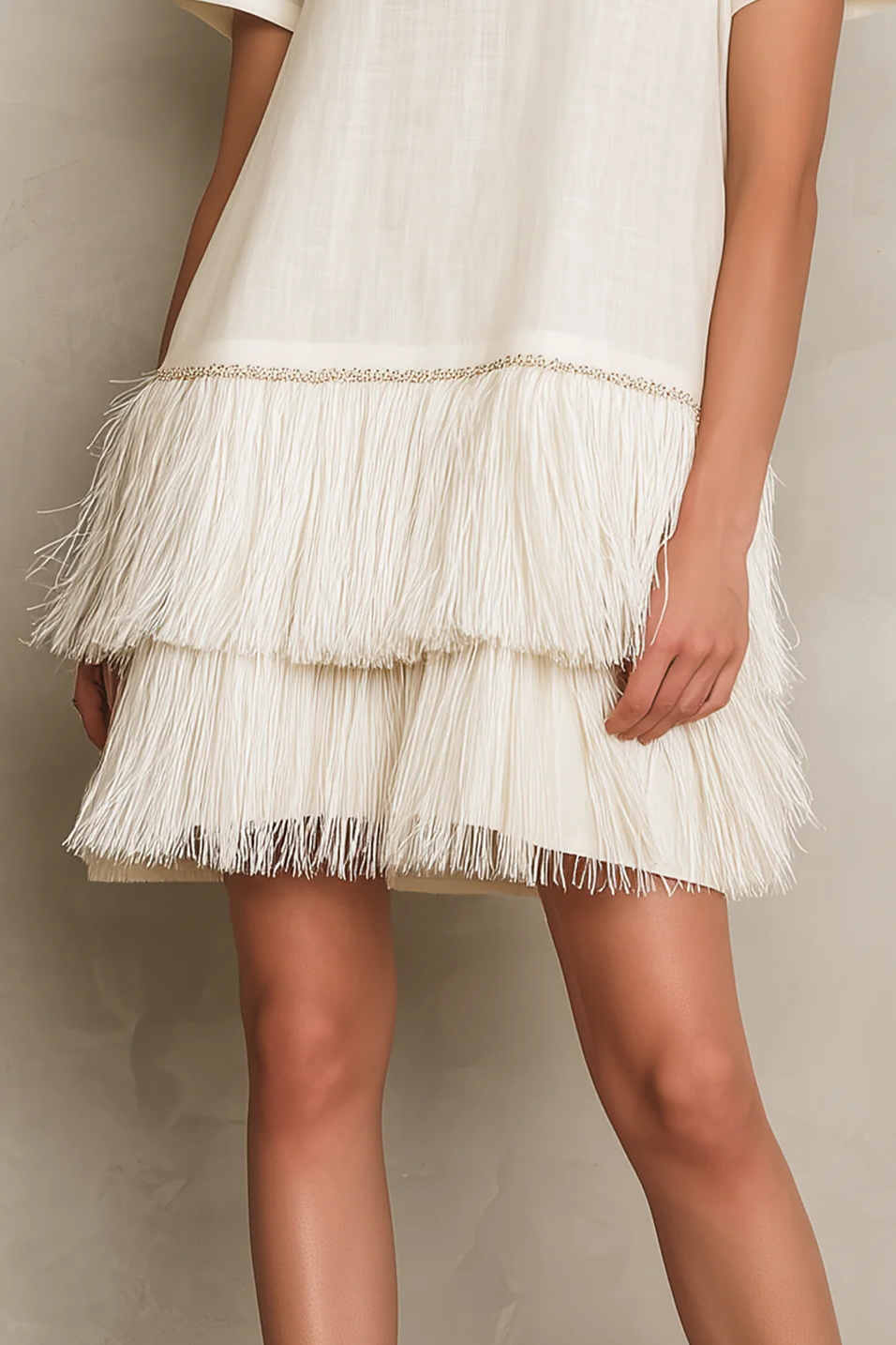 Clean-Lined Fringe Hem Mini-Length Dress