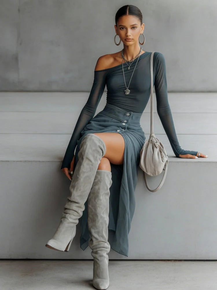 Asymmetrical Sheer Gray Cut-Out Set