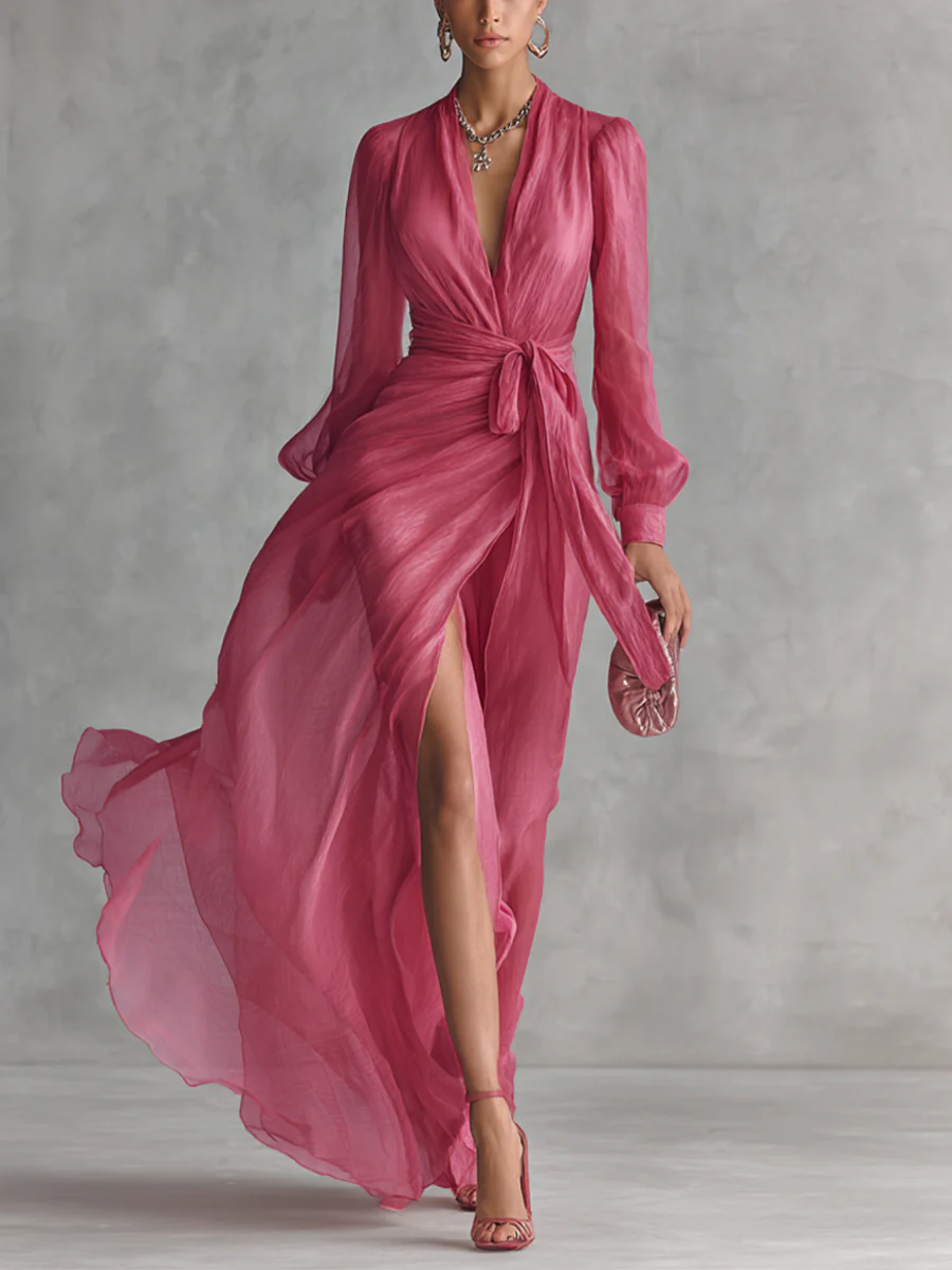 Refined Pearl Chiffon V-Neck Maxi-Length Dress