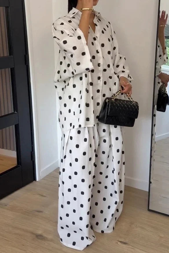 White Black Polka Dot Trousers Set