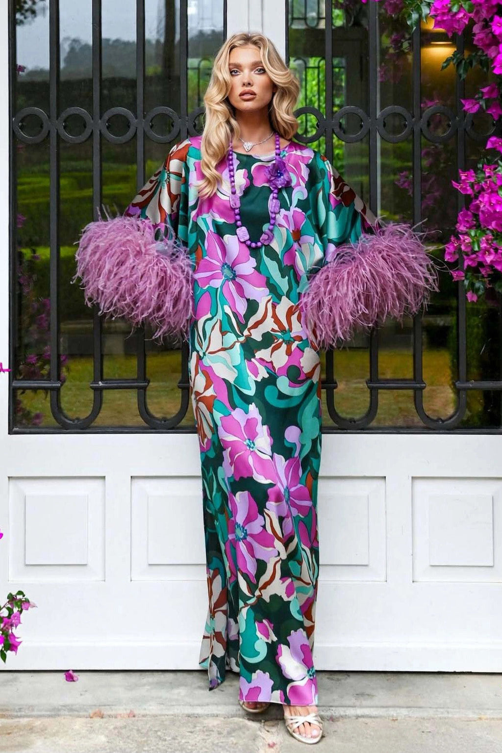 Bold Flower Feather Cuff Batwing Maxi-Length Dress