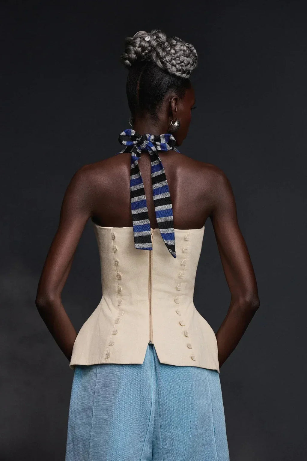 Modern Abstract Face Motif Halter Bustier Top