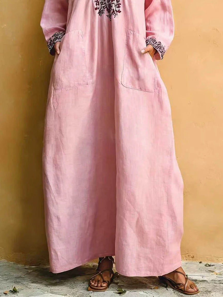 Pink Clean-Lined Holiday Print V-Neck Loose Maxi-Length Dress