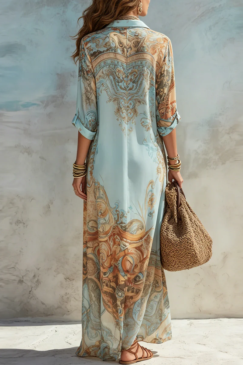 Vacation Blue Flower Print Shirt Maxi-Length Dress